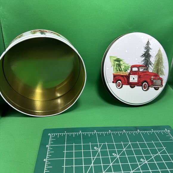 Tin Cookie Box Round 6.5" X‎ 3" Christmas Farm Fresh Pine Trees Snow Container - Picture 2 of 9